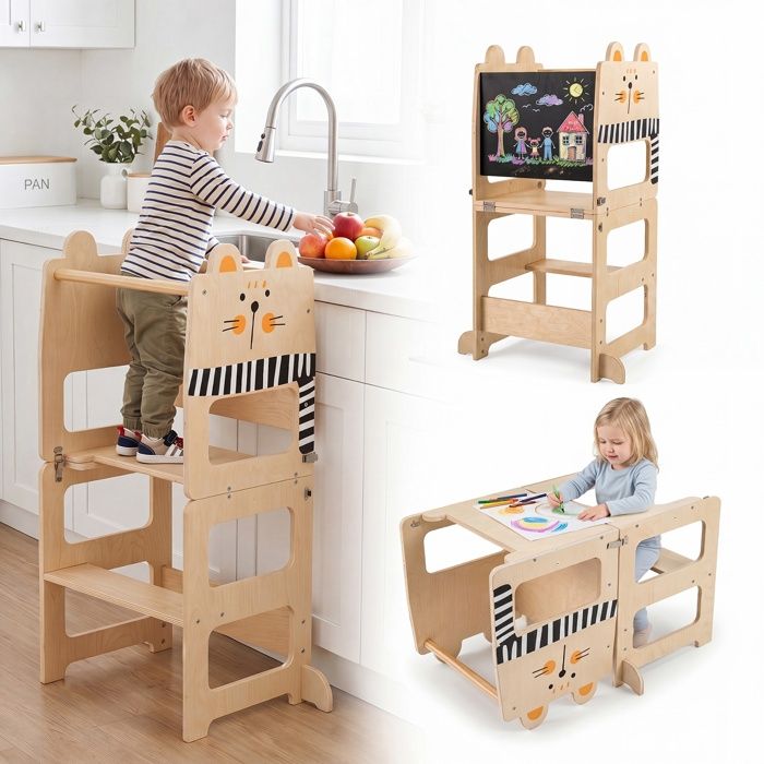 3-en-1 Tour dApprentissage-COSTWAY-Tableau Enfant Bureau Enfant et Chaise Marchepied Tour dobservation Montessori 18+ Mois