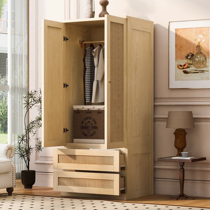 Armoire penderie 70x55x170 cm avec portes rectangulaires effet rotin 2 tiroirs rangement intérieur bois naturel