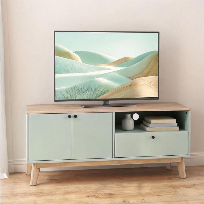 Meuble TV en MDF vert clair 120 cm - Rangement fermé et ouvert - Idéal salon