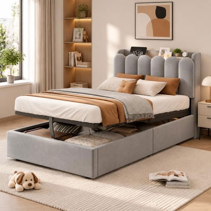 Lit coffre enfant 90x200 cm - Lit simple bois avec hydraulique - Lit pour garçon avec tête rembourrée et USB - velours gris