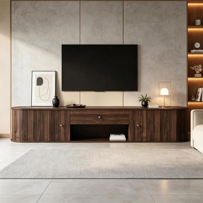 Meuble TV 180cm Support TV avec 2 Portes Coulissante et 1 Tiroir pour Téléviseurs 75 Pouces Meuble Salon Moderne 180x40x40cm Noyer