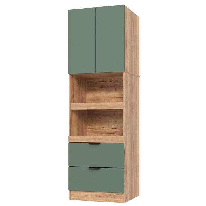 Modenuit Meuble colonne de cuisine 59 5 x 45 x 200 cm MDF vert et décor bois 2 tiroirs