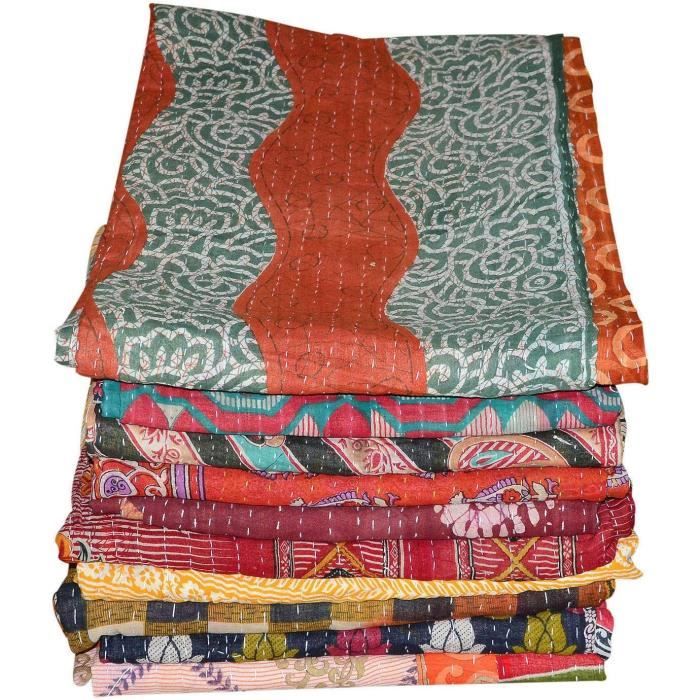 Lot Couvertures Kantha Faites À Main Style Indien Vintage Réversibles (1)