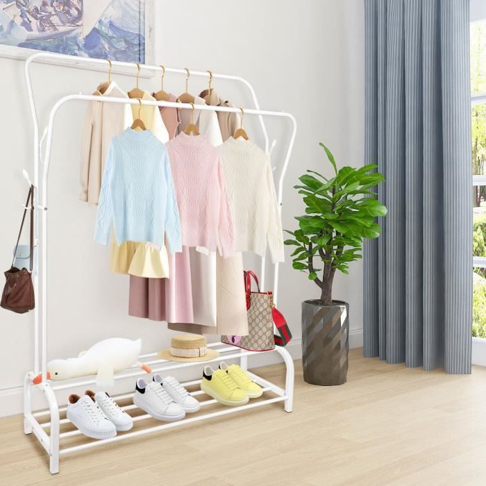 Portant à Vêtements Laizere - Fer Blanc 110*33*145cm - Tringle double - Avec étagères à Chaussures