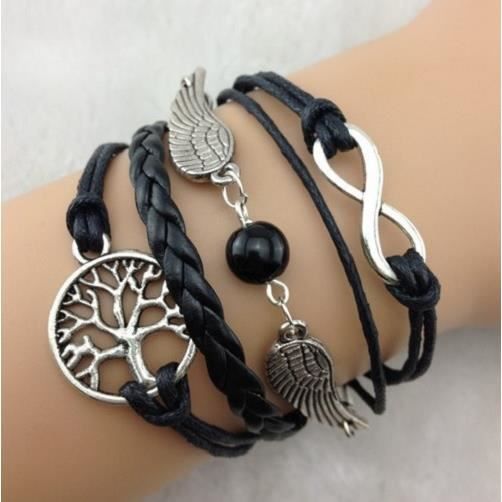 BRACELET NOIR ARBRE DE VIE NFINI AILES ANGE VIF OR