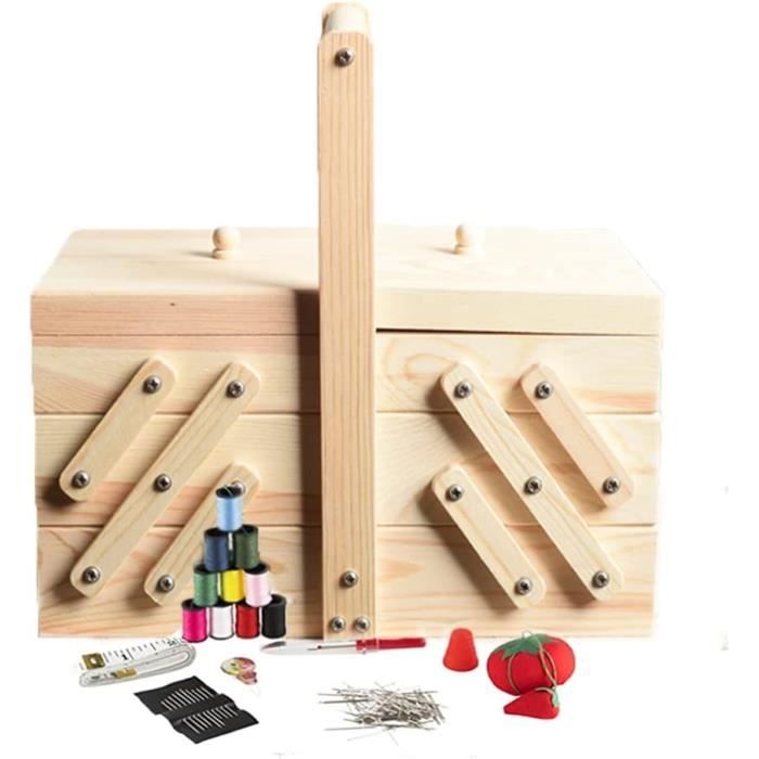 Boîte à Couture En Bois Pin - Avec Mètre, Ciseaux, Fil Et Aiguilles - Idéal Cadeau Créatif DIY