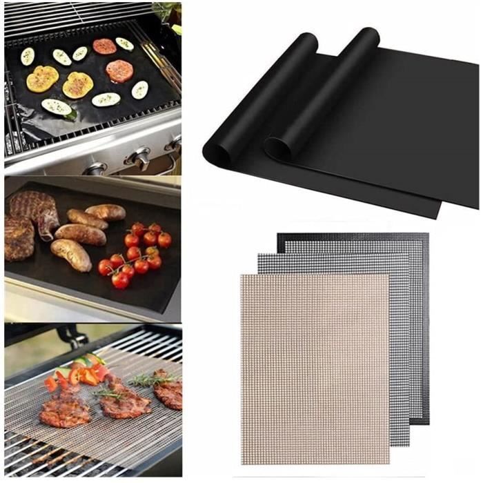 Lot De 3 Tapis Grill BBQ Découpables 40x33 Cm – Téflon Antiadhésif Réutilisable, Pour Gaz, Charbon, Électrique