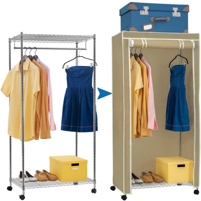 portant a vetements penderie sur roues avec housse de protection en tissu 2 etageres dimensions 75x45x150 cm cdiscount maison