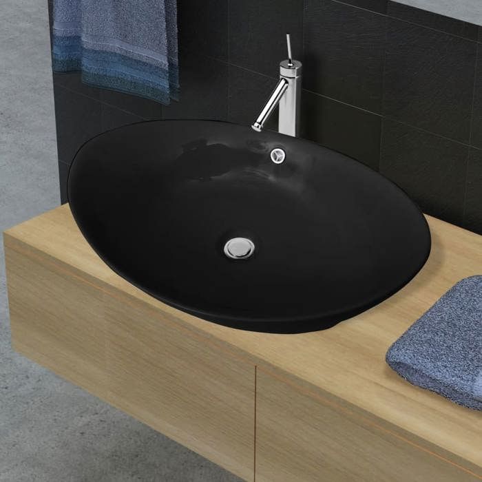 vidaXL Lavabo ovale en céramique noir avec trop plein 59 x 385 cm