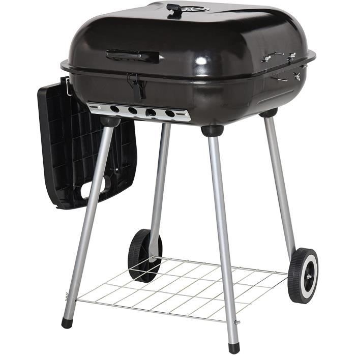 Barbecue Charbon Fumoir Outsunny Avec Roulettes - Grille Double Foyer Et Thermomètre Intégré