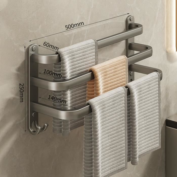 Porte-serviettes Mural à 3 Niveaux Avec Crochets - Aluminium Blanc - Longueur 80 Cm - Pour Salle De Bain Ou Cuisine - 6