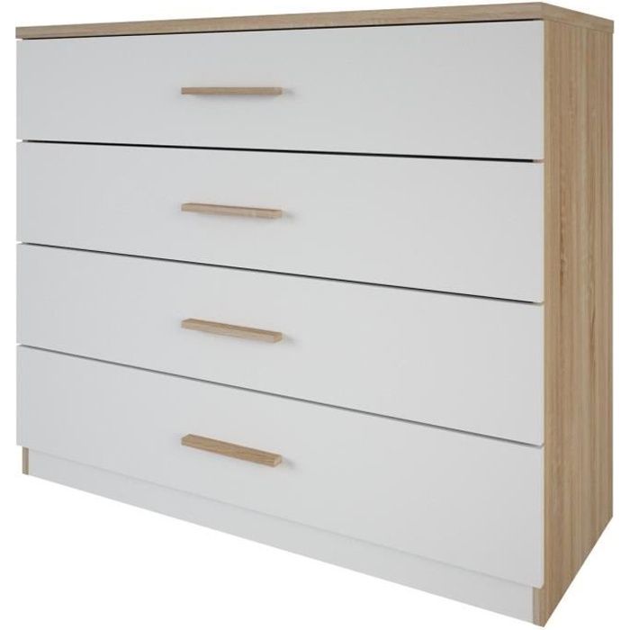 Commode de chambre contemporaine DEMEYERE - SELENA - décor chêne brossé et blanc perle - 4 tiroirs Commode de chambre contemporaine DEMEYERE - SELENA - décor chêne brossé et blanc perle - 4 tiroirs