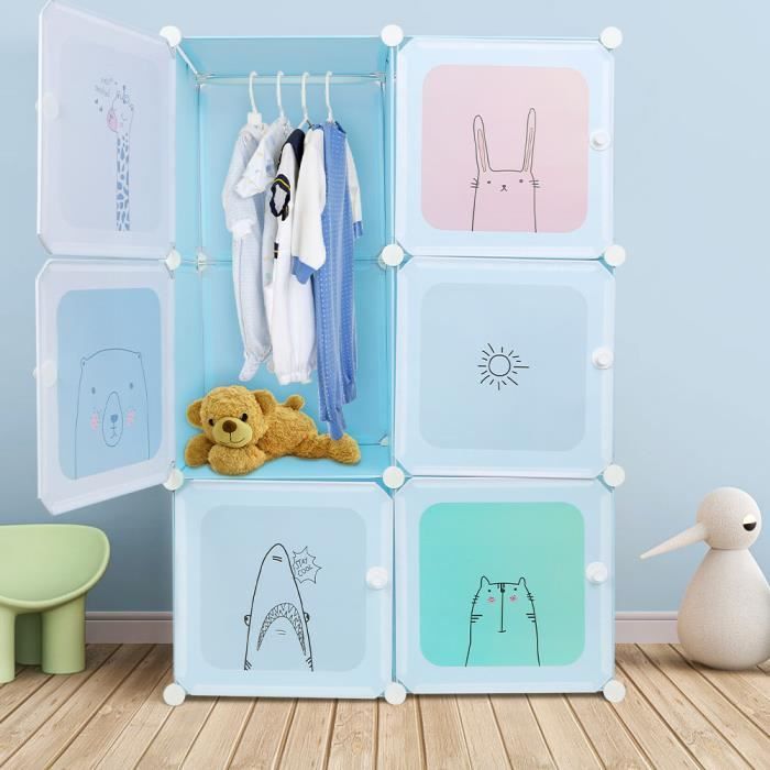 ERROLVES Armoire en plastique pour enfants Bleu 74*37*110cm 3 etagère 6 cubes Motifs danimaux