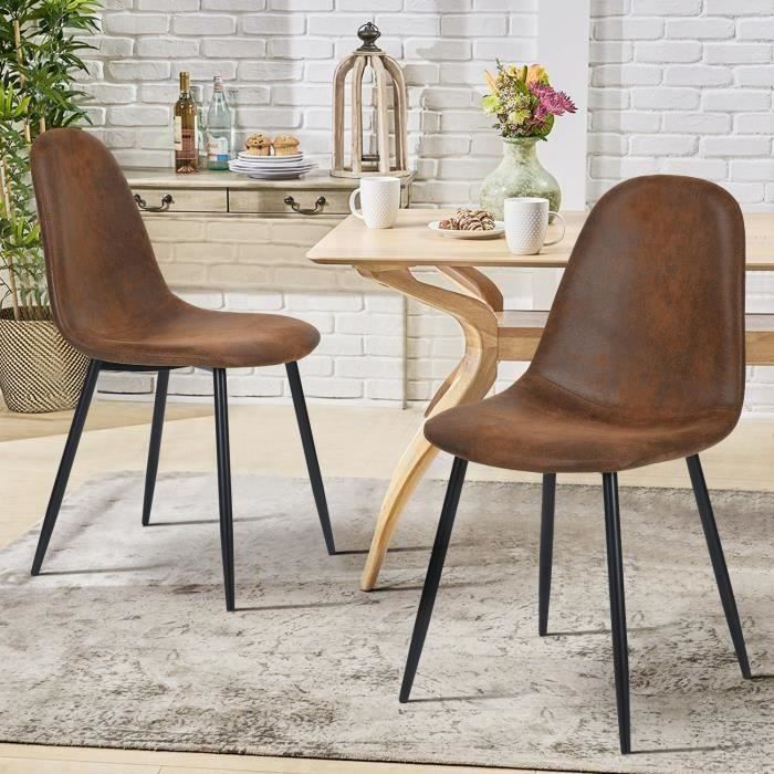 Chaise de salle à manger - FURNITURER - Vintage - Simili suède marron - Pieds métal - Lot de 2 Chaise de salle à manger - FURNITURER - Vintage - Simili suède marron - Pieds métal - Lot de 2