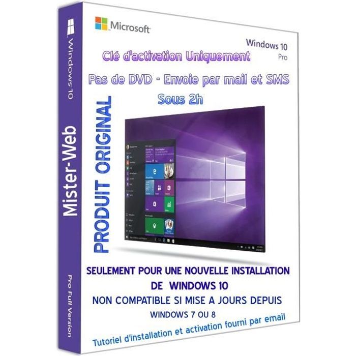 Licence Win10 Pro 32-64 Bits envoie par mail sms Clé uniquement pas de CD seulement pour une nouvelle installation de Win10