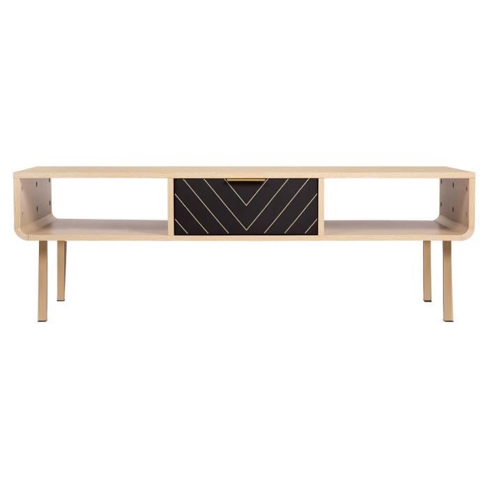 Table basse rectangulaire - Décor Chêne et motifs - Elégance - 2 tiroirs et 2 niches - L 120 cm LINE