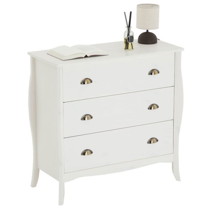 commode de chambre antoinette style baroque rococo design moderne, rangement avec 3 tiroirs, en pin massif lasuré blanc