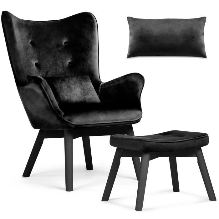 Fauteuil à oreilles avec repose-pieds - JANSPORT - Noir - Esthétique scandinave - Coussin inclus