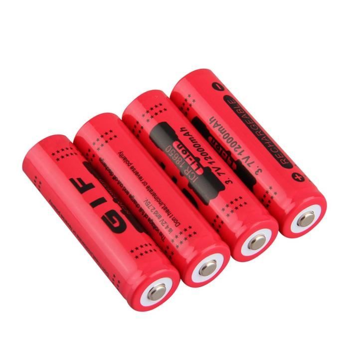 batterie li-ion rechargeable 18650 3.7v 1200mah pour lampe torche led, rouge, 4pcs