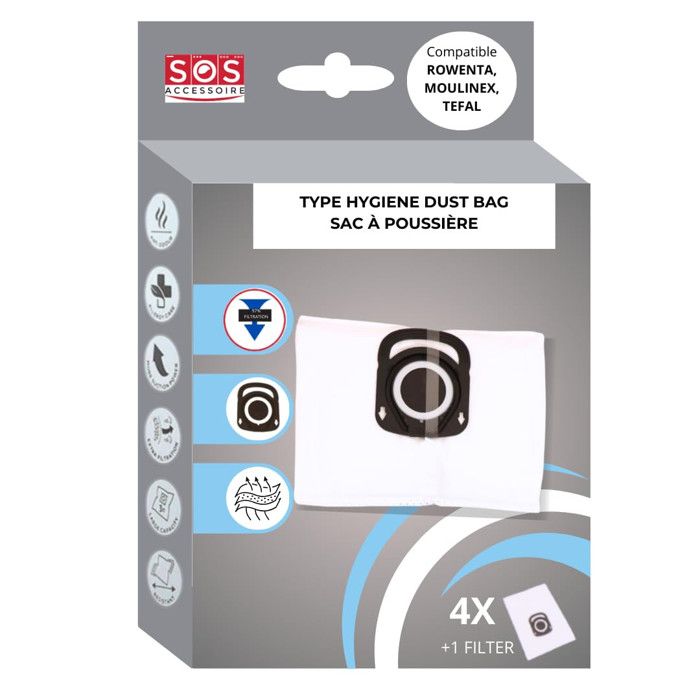 Boîte de 4 sacs + 1 filtre HYGIENE+ Aspirateur ZR200520 ROWENTA TEFAL MOULINEX - Moulinex