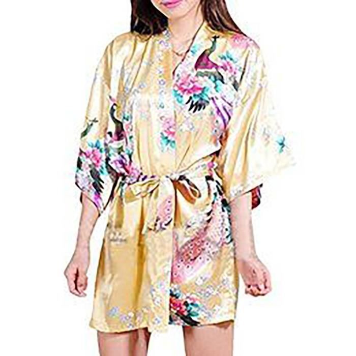 Surenow Robe de Chambre de Femme Motif Exotique Paon Fleur Kimono Satin Soyeux Peignoir 
