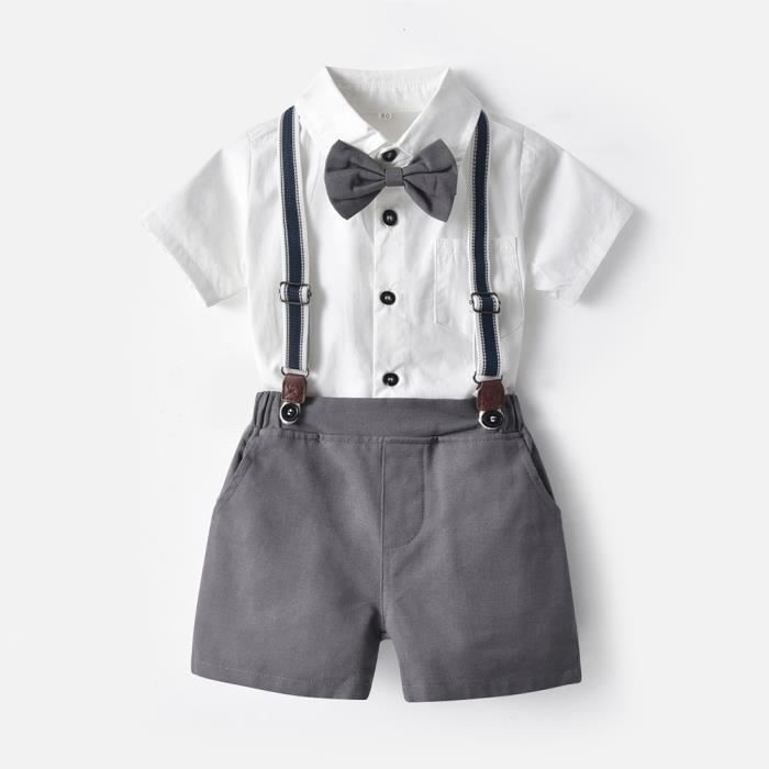 Ensemble de Vêtements Bébé Garçon Mariage Baptême Costume Ceremonie Chemise  Avec Nœud Papillon Short à Bretelles Gris clair