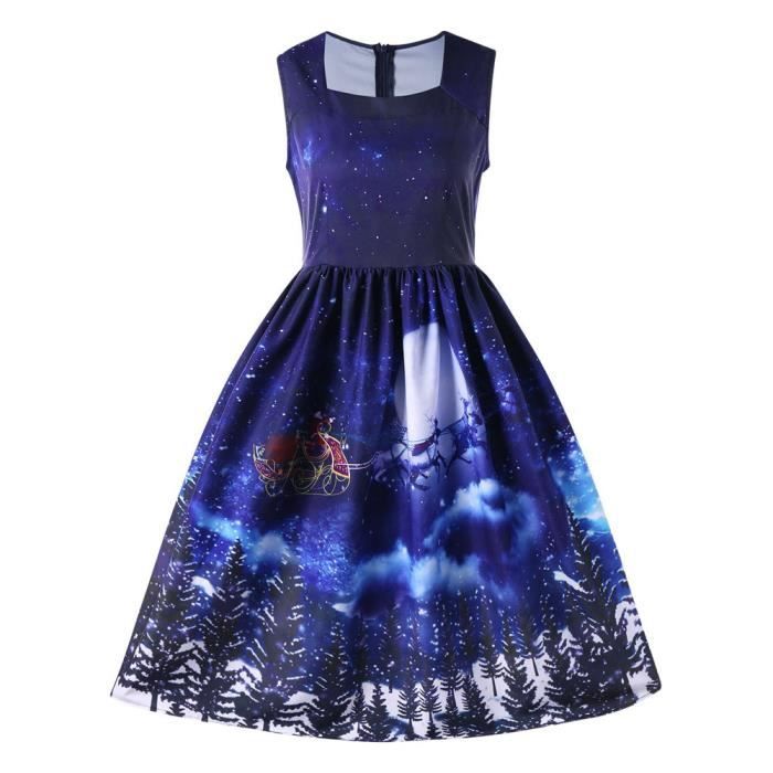 Robe De Noel Femmes Elk Arbres Neige Imprime Robe Soiree Vintage Bleu Bleu Achat Vente Robe Cdiscount