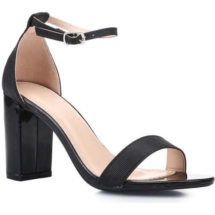 Sandales noires en simili cuir texture a talon verni Achat Vente Sandales noires en simili cuir texture a talon verni pas cher Cdiscount