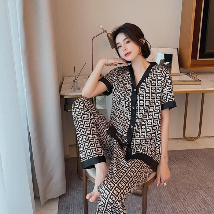 Pyjama en soie femme court Lettre d impression Pyjamas Ensemble Femme Vetements D interieur Satin 2 PIeCES PYJAMA Costume Lingerie Bleu ciel Cdiscount Pret a Porter