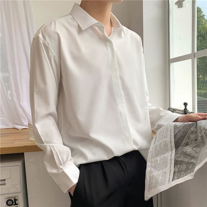 Chemise Chemises Drapees pour Homme de Mode Coreenne Couleur Unie Manches Longues Soie Glacee Decontractee white C2891 Blanc Cdiscount Pret a Porter