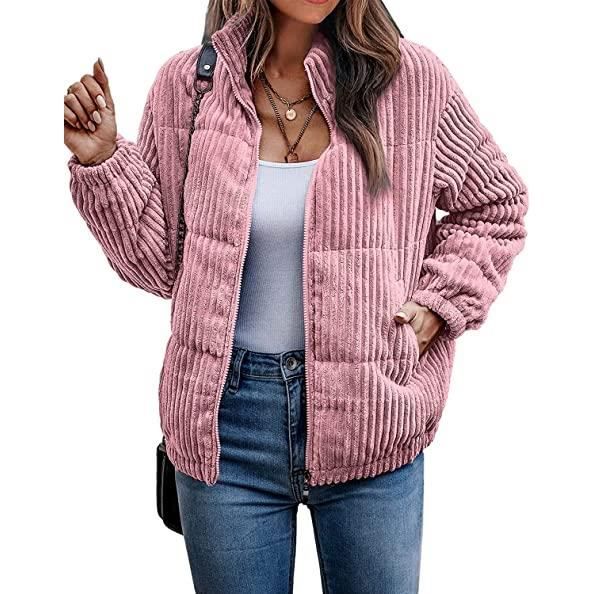 Veste en Velours c?�tel?� pour Femme Bomber Jacket Rib matelass?� Zipper ?� Manches Longues Manteau 