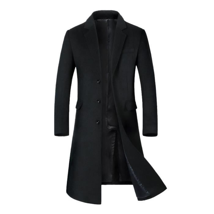 Homme Chaud Long Manteau en Laine Epais Pardessus en Laine Casual Business Duffle Coat Couleur Unie Hiver Mince Noir