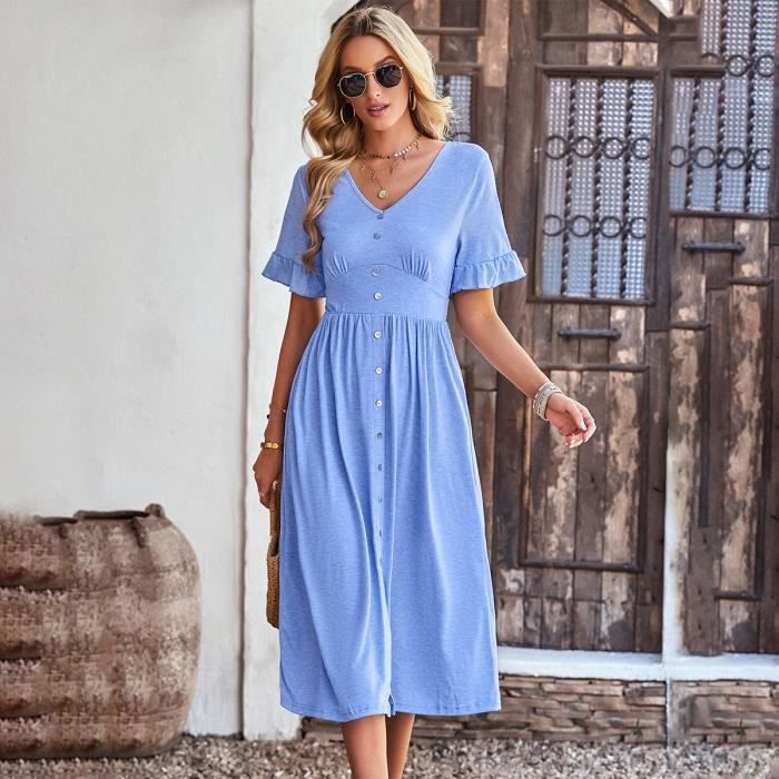 Robe femme Boh?�me Mode chic Col en V - Light Bleu CHUANGNA Light bleu - Cdiscount Pr??t-?�-Porter