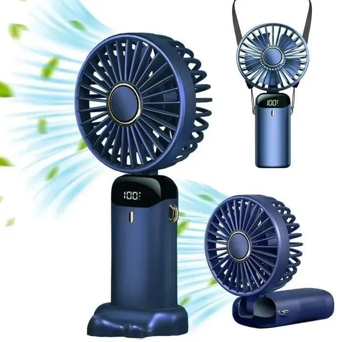 Mini Ventilateur Portable Rechargeable par USB 5 Vitesses avec Base Batterie 6500 mAh Ventilateur de Bureau Pliable Bleu