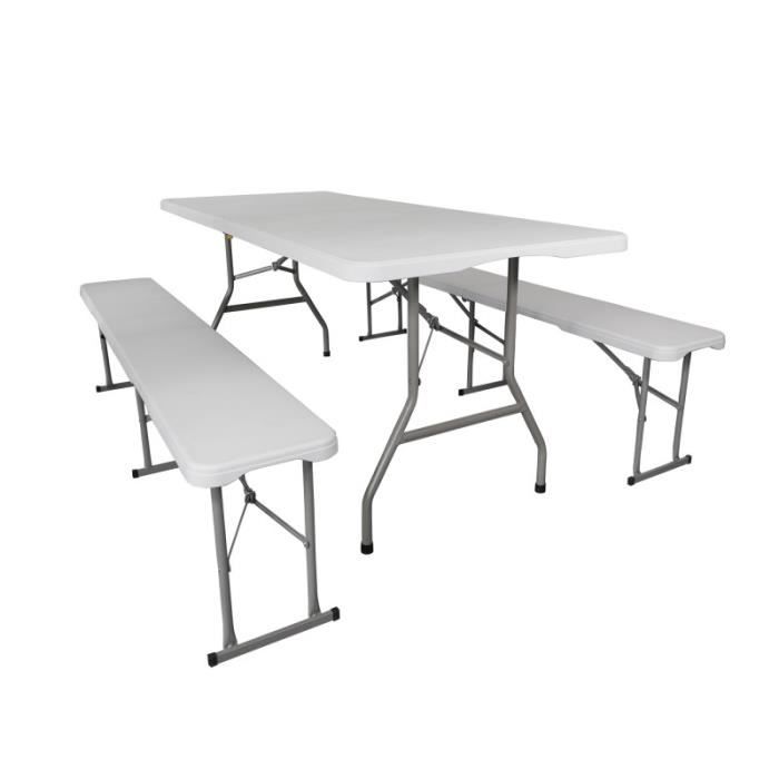 ensemble table et bancs de jardin - lot 1 table pliante jardin - table pique nique + 2 bancs pliants camping  - blanc