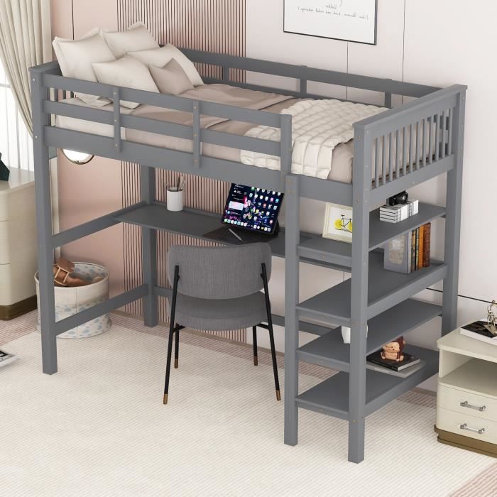 lit mezzanine enfant 90x200cm, avec compartiments de rangement et bureau intégré, lit d'adolescent avec sommier à lattes, gris