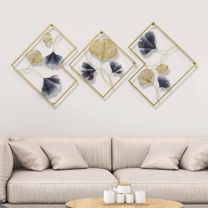 Sculpture Murale Ginkgo Biloba En Métal 3 Pièces - Or Bleu Luxe - 164 X 70,5 Cm - Décoration Murale Design Salon