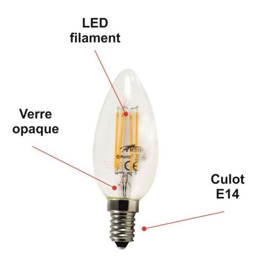 Ampoule à filament LED flamme, culot E14, consommation de 4W pour une  équivalence de 40W, intensité lumineuse de 470 lumens, lum