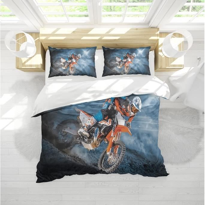 VOLDAX Parure De Lit 3 Pièces MotoGP Motocross – Housse De Couette + Taies, Impression 3D Réaliste, Microfibre Douce Respirante, Double 200x200 Cm