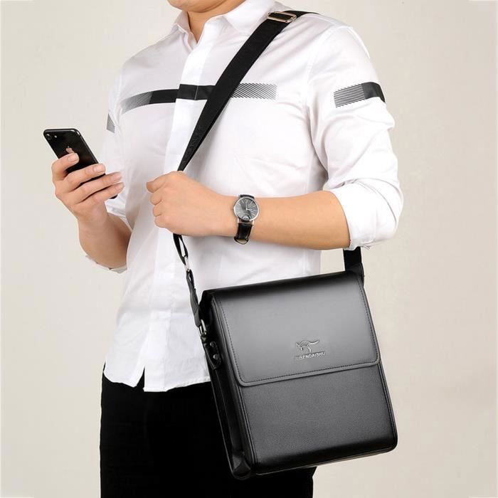 Sacoche homme bandouliere cuir PU Rigide l gant Business pour Contenir Livres iPad Noir