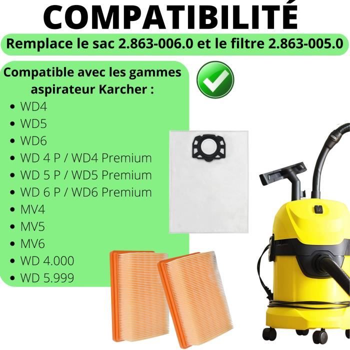 Sac aspirateur et Filtre pour Karcher WD4 WD5 WD6 MV4 MV5 MV6 - PHONILLICO  - Lot de 8 sacs et 2 filtres - Cdiscount Electroménager