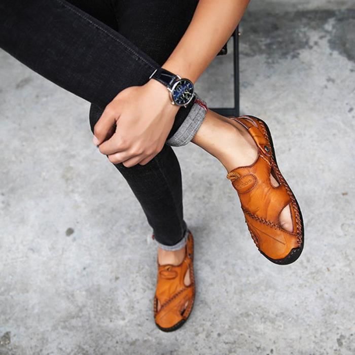 NVNVNMM Sandales Homme Cuir Été – Tendance Rétro, Antidérapantes, Confortables Grande Taille, Idéales Pour Vacances !