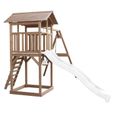 Tour de jeu AXI Beach Tower avec toboggan, balançoires et bac à sable en bois marron et blanc-3