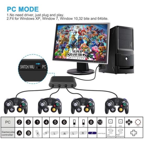 Super Smash Bros Adaptateur Wii U Gamecube Pour Switch Pc Wii U Adaptateur Controleur Gamecube Ngc 4 Ports Noir Cdiscount