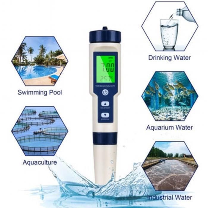 Poctme Testeur PH Numérique 5 En 1 Testeur PH Numérique 5 En 1 Poctme - Mesure Eau Piscine Aquarium Hydroponie Testeur Piscine Aquarium