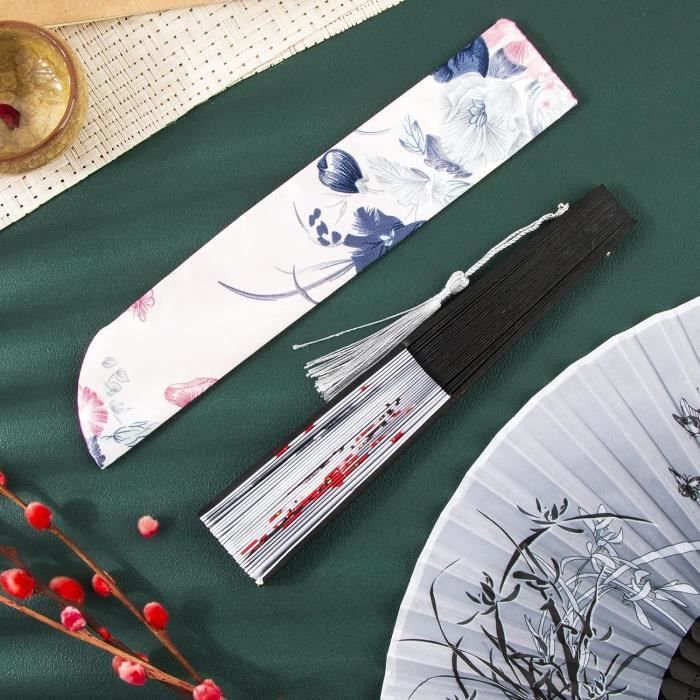 Lot De 4 Éventails Japonais Pliants - Soie/Bambou, Frange, Motif Sakura/Papillon - Pour Décoration Ou Rafraîchissement