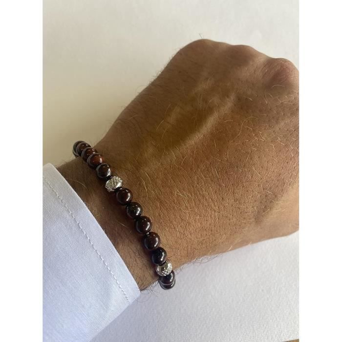 Bracelet Homme 10:10 En Acier Inoxydable Et Pierres Naturelles - Hématite 4mm - Fabriqué En Italie - Réglable 17-21cm