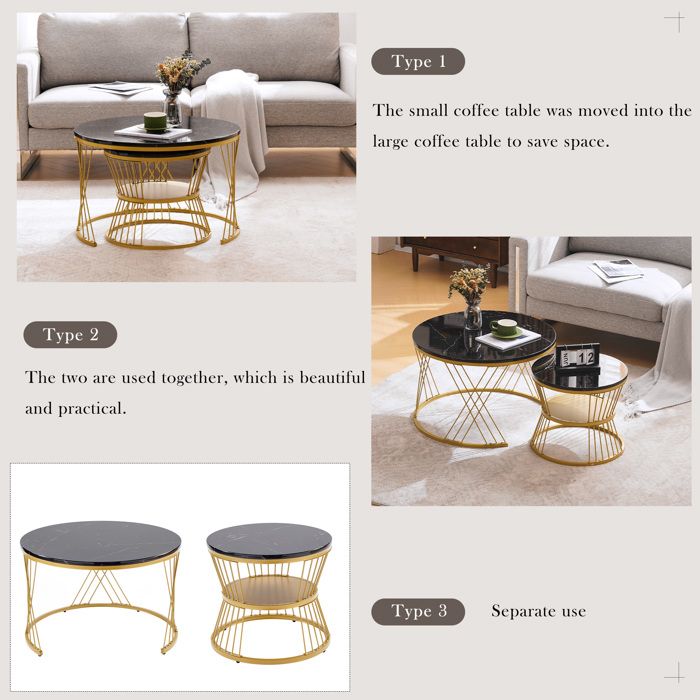 Merax Table Merax Tables Basses Gigognes Rondes Effet Marbre Noir– Plateau Haute ...