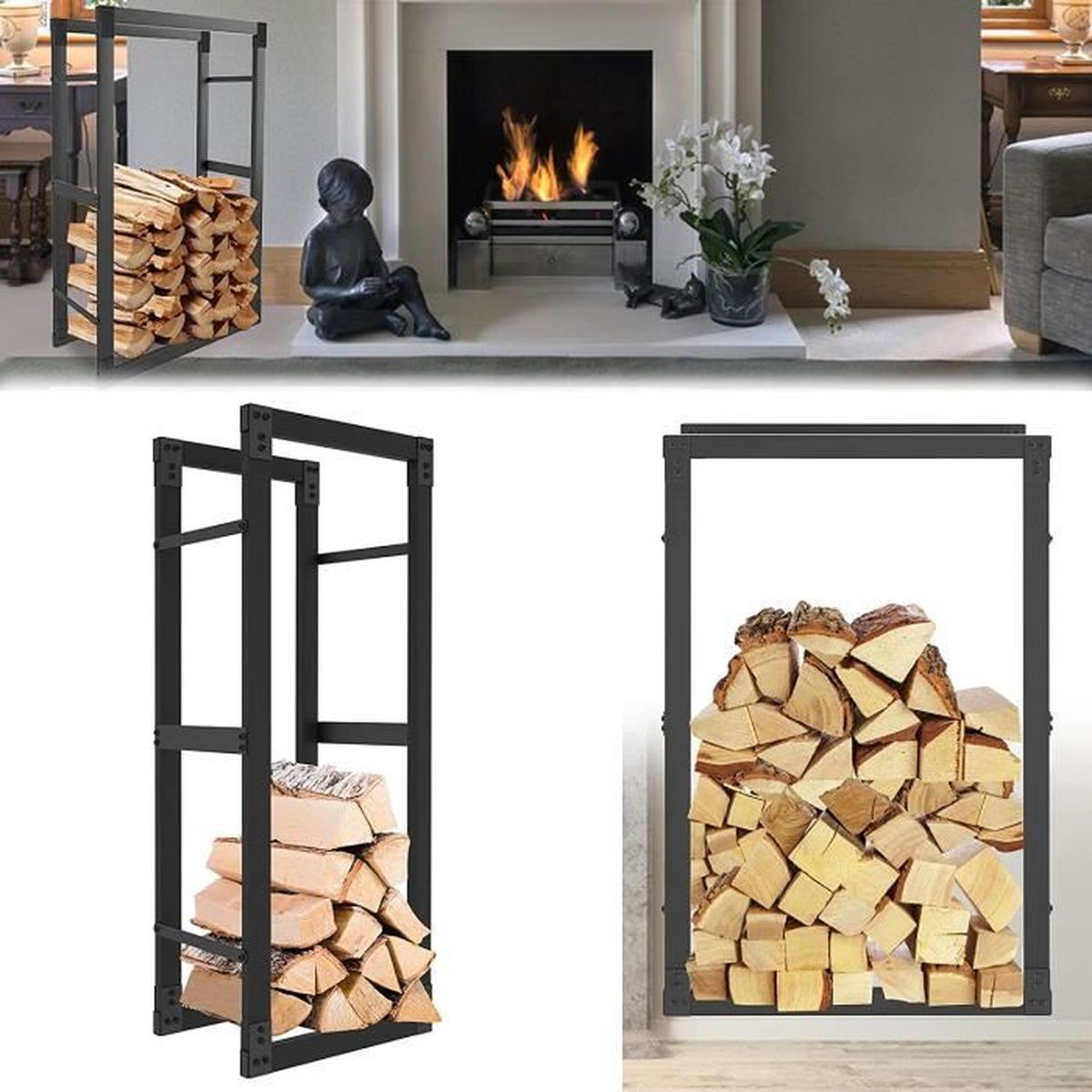 Range bûches vertical acier noir avec étagère et accessoires H. 170 CM pour cheminée | Leroy Merlin
