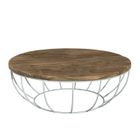 MACABANE ALIDA - Table basse coque ronde 100x100cm plateau teck recyclé piétement métal blanc